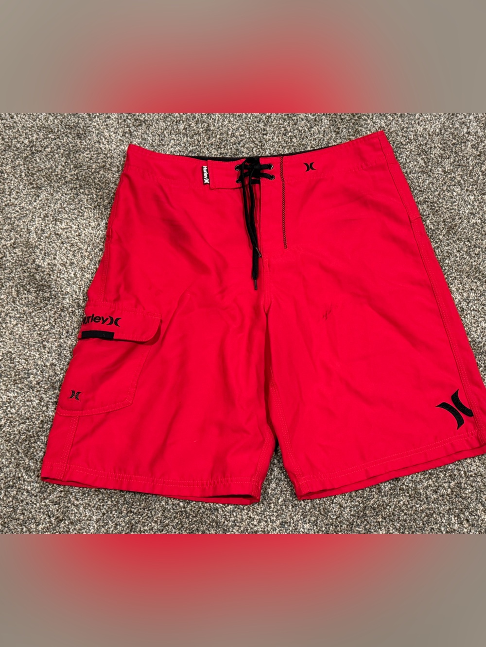 Hurley Men’s Bright Red Swim Board Shorts with Black Accents 34W & 10” inseam